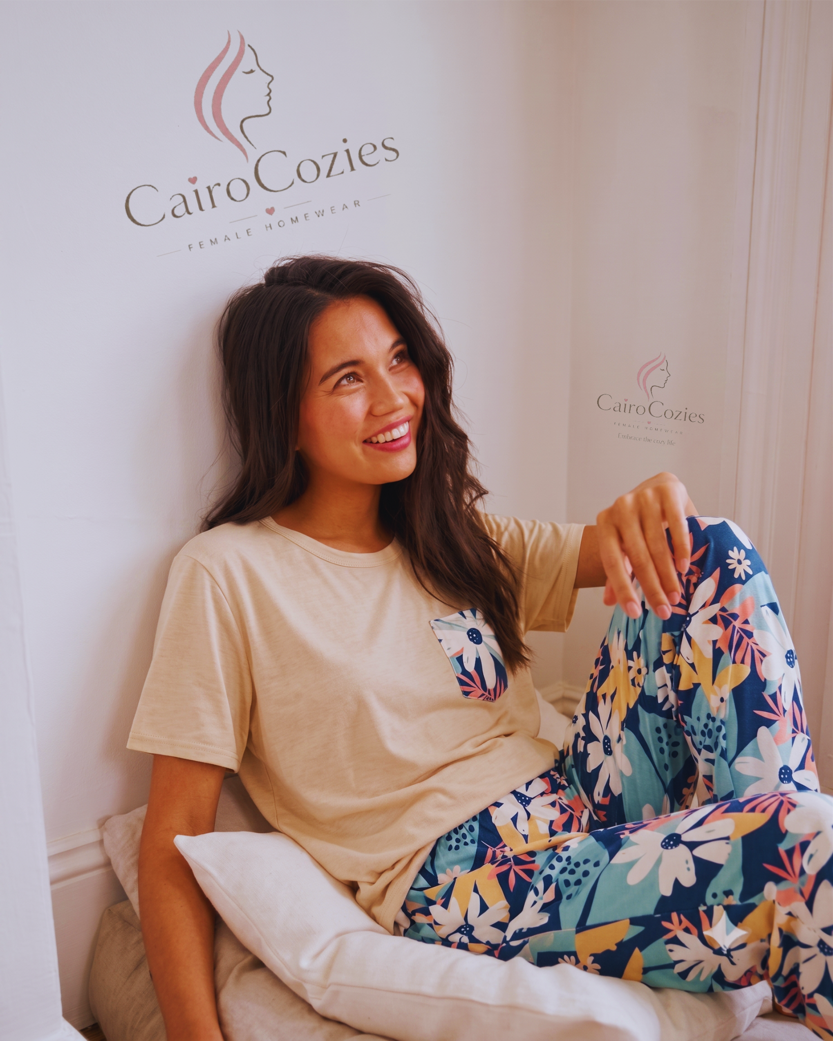 Woman wearing comfortable homewear pajama set from Cairo Cozies Egypt